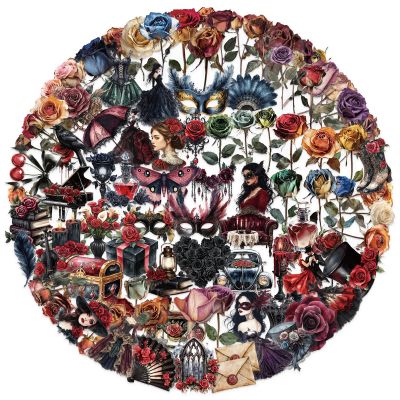 100PCS Masquerade Transparent Stickers Pack,Halloween Aesthetic Retro Masked Ball Decor for Laptop Gifts for Teens Adults Waterproof PET Dried Rose Stickers for Notebook Phone Halloween Party Favors