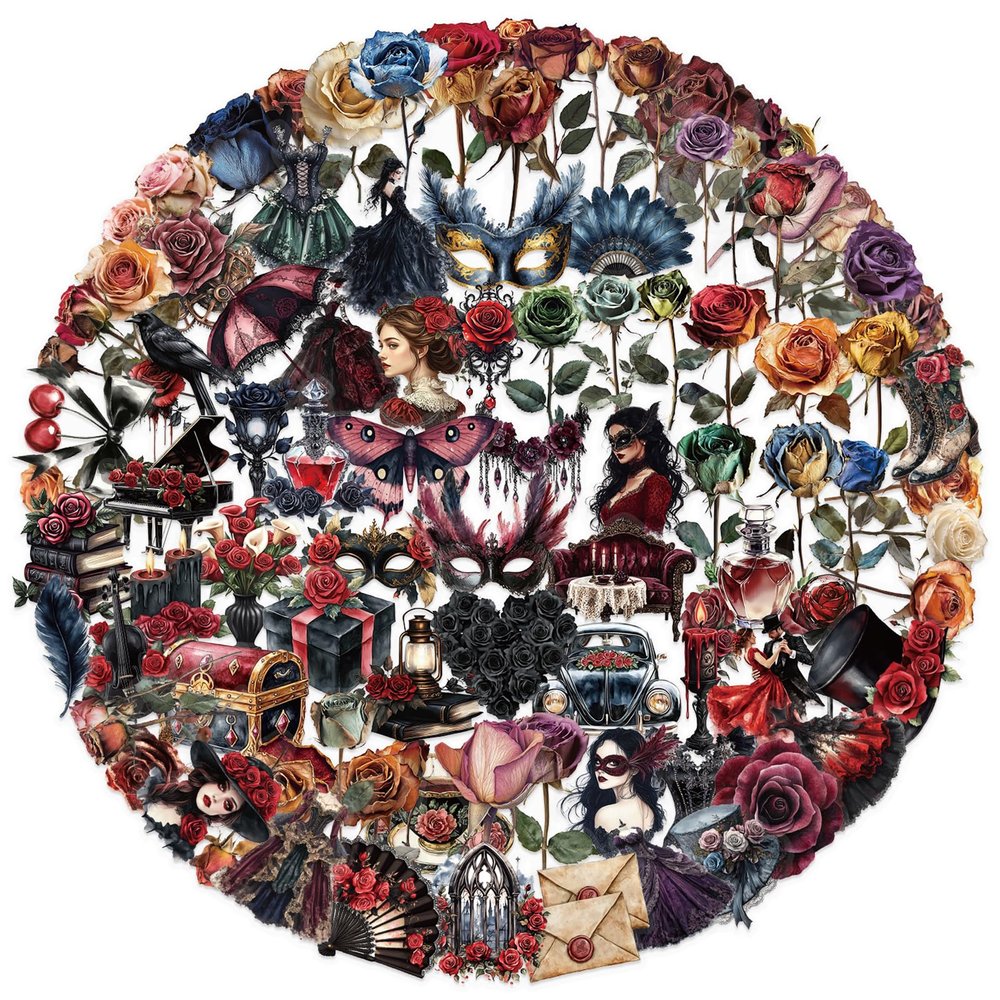 100PCS Masquerade Transparent Stickers Pack,Halloween Aesthetic Retro Masked Ball Decor for Laptop Gifts for Teens Adults Waterproof PET Dried Rose Stickers for Notebook Phone Halloween Party Favors