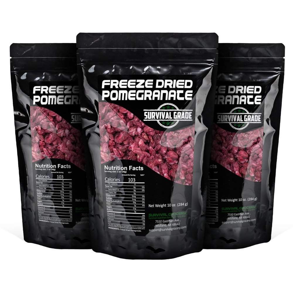 Survival Grocery Freeze Dried Pomegranate Seeds/Arils - No Sugar Added, No Preservatives, Rich in Antioxidants & Vitamin C - Ideal for Oatmeal, Smoothies, Granola or Snacking (30 oz./3 Bags)