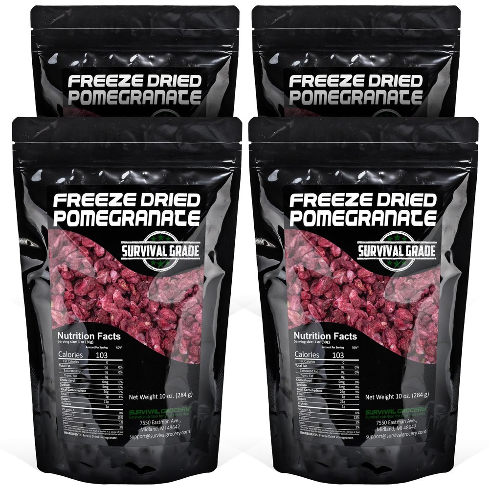 Survival Grocery Freeze Dried Pomegranate Seeds/Arils - No Sugar Added, No Preservatives, Rich in Antioxidants & Vitamin C - Ideal for Oatmeal, Smoothies, Granola or Snacking (40 oz./4 Bags)