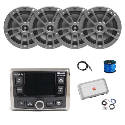 Infinity Marine Gauge Style Bluetooth AM/FM/WB Radio, 4X 6.5 180 Watt 2-Way Multi-Element Audio Speakers (Gray), Wire, Antenna, 4-Channel Amplifier w/Kit