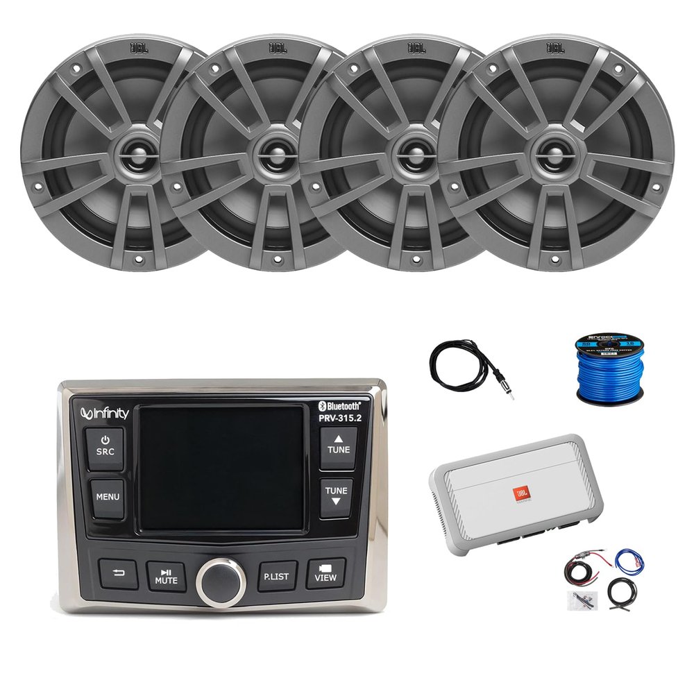 Infinity Marine Gauge Style Bluetooth AM/FM/WB Radio, 4X 6.5 180 Watt 2-Way Multi-Element Audio Speakers (Gray), Wire, Antenna, 4-Channel Amplifier w/Kit
