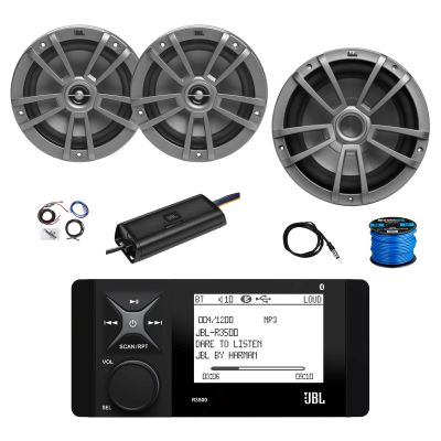 Marine Bluetooth AM/FM/WeatherBand Radio Receiver, 2X 6.5 180 Watt 2-Way Multi-Element Audio Speakers (Gray), Wire, Antenna, 10" Subwoofer, 4-Channel 450W Amplifier w/Kit