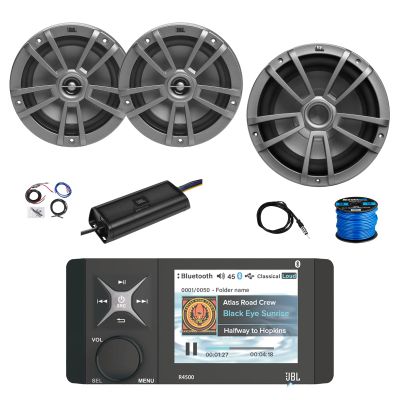 Marine Bluetooth AM/FM/WeatherBand Radio Receiver, 2X 6.5 180 Watt 2-Way Multi-Element Audio Speakers (Gray), Wire, Antenna, 10" Subwoofer, 4-Channel 450W Amplifier w/Kit