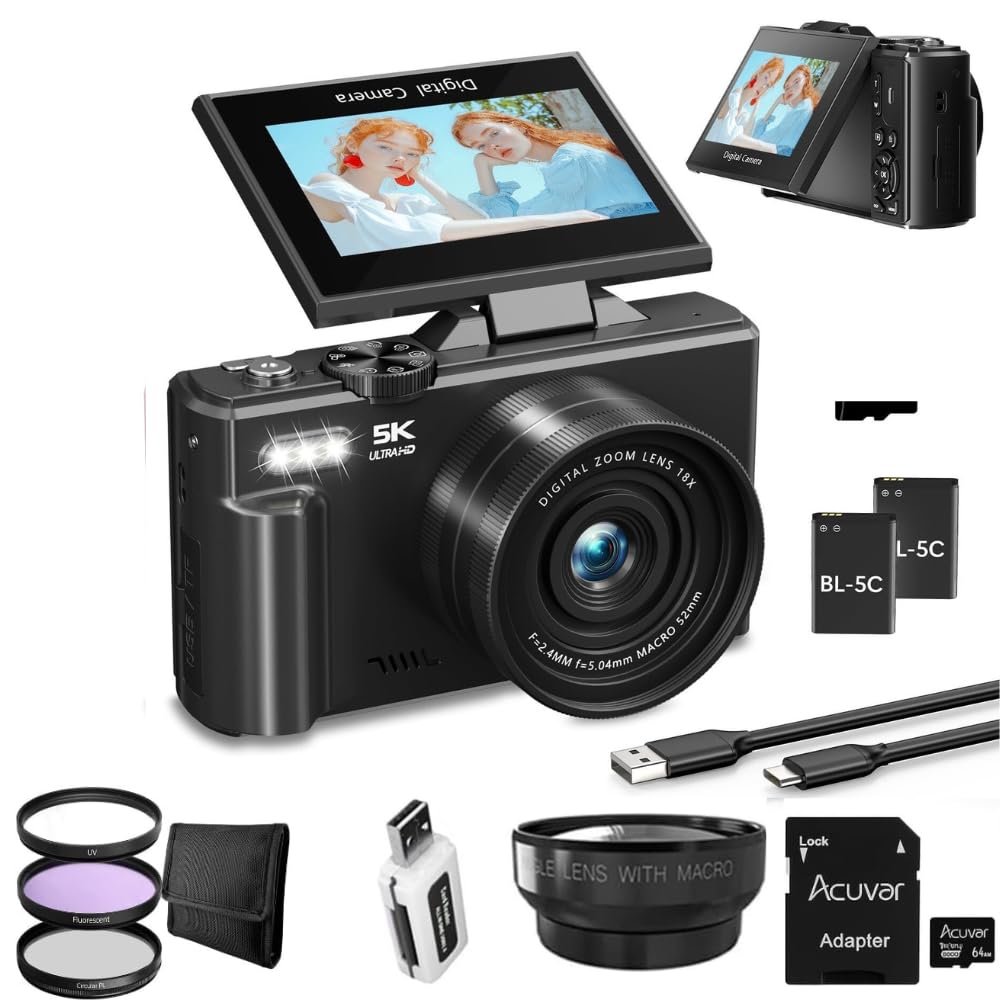 4K/5K Digital Camera for Photography & Video  UHD Vlogging Camera with WiFi, Autofocus, 3" Flip Screen, 18X Zoom  Compact Creator Kit with Lens, Filters & Case (Black)