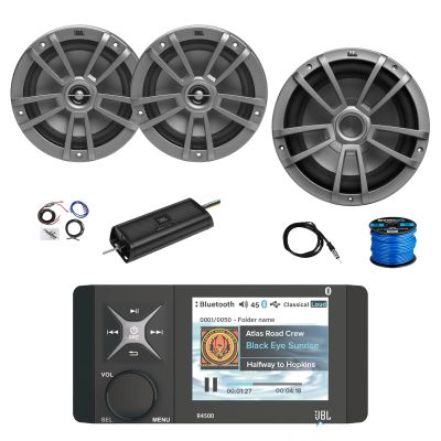 Marine Bluetooth AM/FM/WeatherBand Radio Receiver, 2X 6.5 180 Watt 2-Way Multi-Element Audio Speakers (Gray), Wire, Antenna, 10" Subwoofer, 2-Channel 750W Amplifier w/Kit
