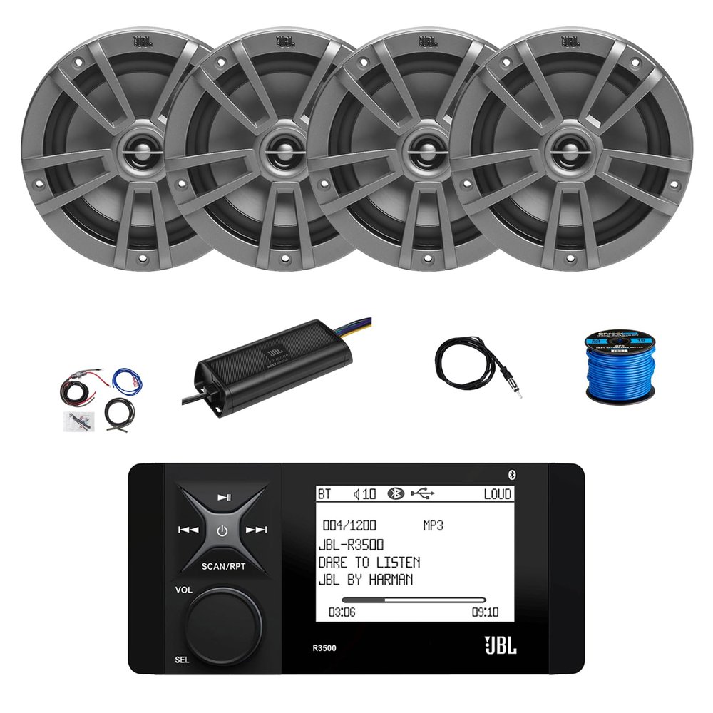 Marine Bluetooth AM/FM/WeatherBand Radio Receiver, 4X 6.5 180 Watt 2-Way Multi-Element Audio Speakers (Gray), Wire, Antenna, 4-Channel 450W Amplifier w/Kit