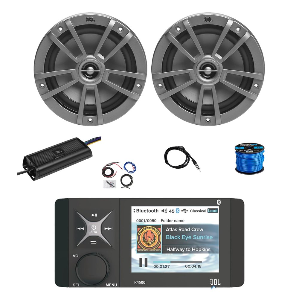 Marine Bluetooth AM/FM/WeatherBand Radio Receiver, 2X 6.5 180 Watt 2-Way Multi-Element Audio Speakers (Gray), Wire, Antenna, 4-Channel 450W Amplifier w/Kit