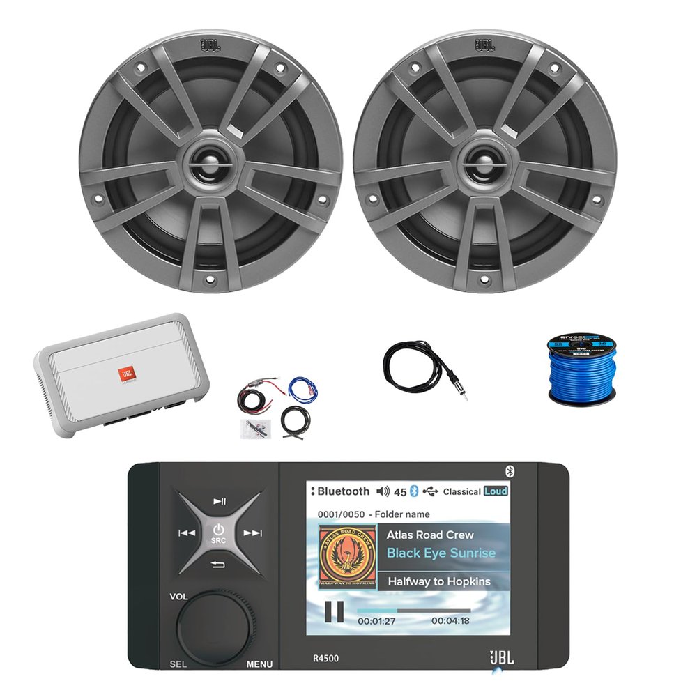 Marine Bluetooth AM/FM/WeatherBand Radio Receiver, 2X 6.5 180 Watt 2-Way Multi-Element Audio Speakers (Gray), Wire, Antenna, 4-Channel Amplifier w/Kit