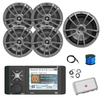 Marine Bluetooth AM/FM/WeatherBand Radio Receiver, 4X 6.5 180 Watt 2-Way Multi-Element Audio Speakers (Gray), Wire, Antenna, 10" Subwoofer, 4-Channel Amplifier w/Kit