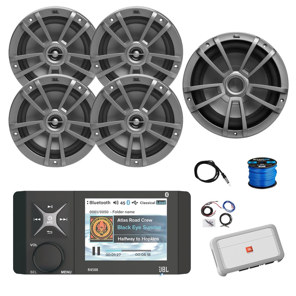 Marine Bluetooth AM/FM/WeatherBand Radio Receiver, 4X 6.5 180 Watt 2-Way Multi-Element Audio Speakers (Gray), Wire, Antenna, 10" Subwoofer, 4-Channel Amplifier w/Kit