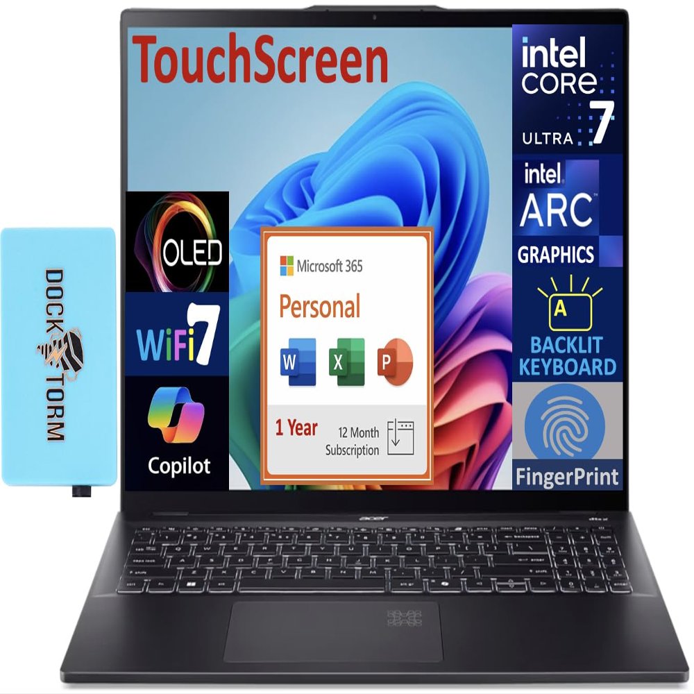 acer Swift 16 AI AI PC Laptop 16.0" Touchscreen OLED 2.8K Display (Intel Ultra 7-256V, 16GB LPDDR5X, 2TB PCIe SSD, Intel Arc, Backlit KB, Win 11 Home) w/MS 365 Personal, DKZ USB Port Expander