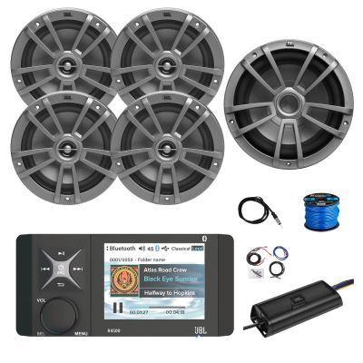 Marine Bluetooth AM/FM/WeatherBand Radio Receiver, 4X 6.5 180 Watt 2-Way Multi-Element Audio Speakers (Gray), Wire, Antenna, 10" Subwoofer, 4-Channel 450W Amplifier w/Kit