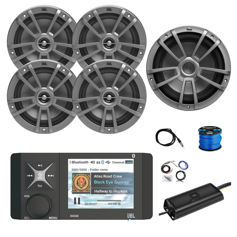 Marine Bluetooth AM/FM/WeatherBand Radio Receiver, 4X 6.5 180 Watt 2-Way Multi-Element Audio Speakers (Gray), Wire, Antenna, 10" Subwoofer, 4-Channel 450W Amplifier w/Kit