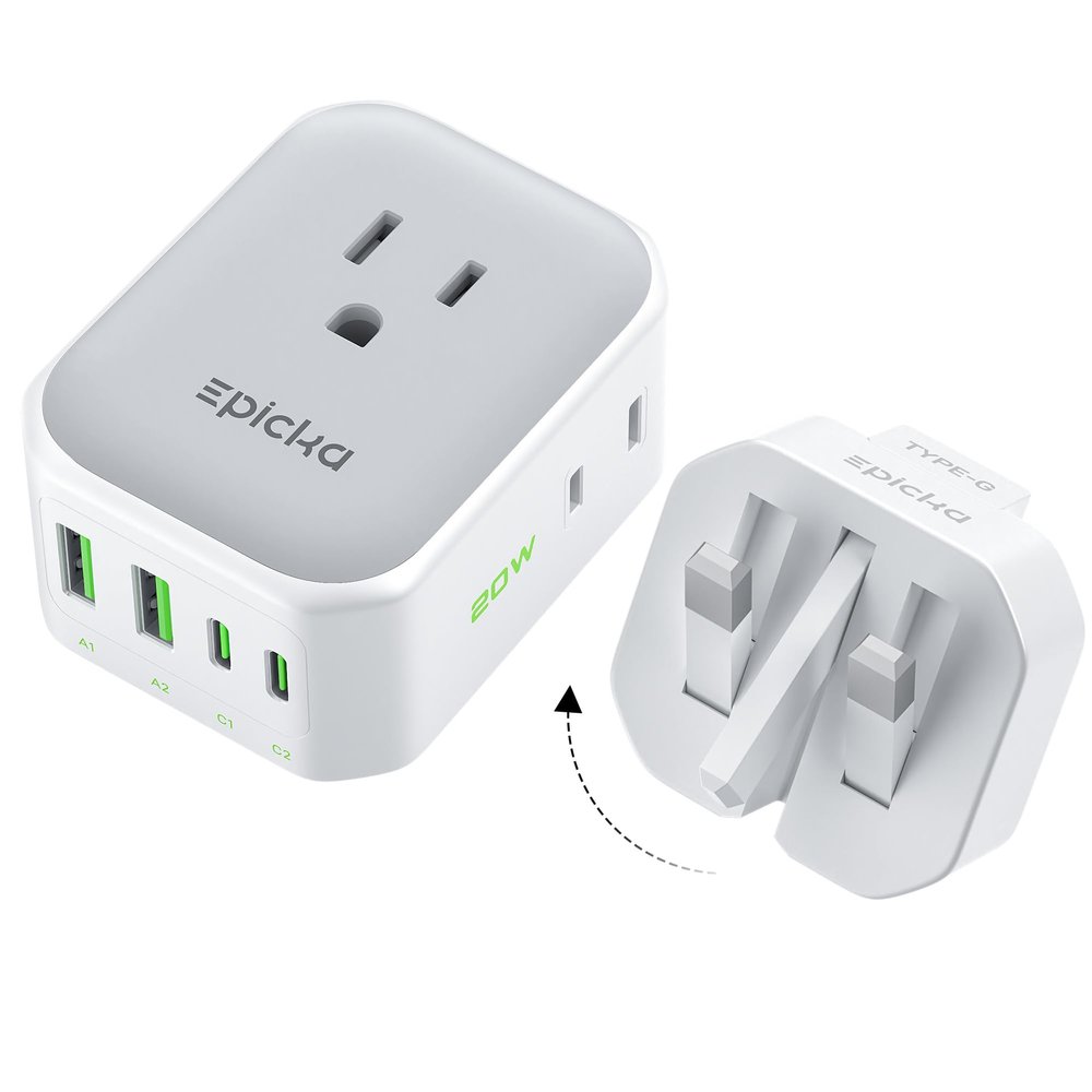 EPICKA Hybrid European Travel Plug Adapter, Foldable & Detachable Type C (EU) VisaPlug (Type G for UK)