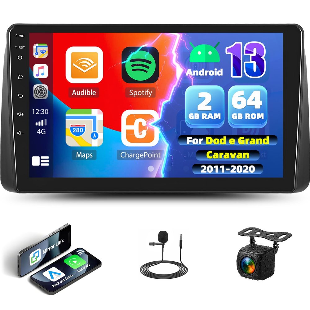 2G 64G Android 13 Car Stereo Carplay Radio for Dodge Grand Caravan 2011-2020 / for Chrysler Town & Country 2012-2016 with Android Auto, 9 Touchscreen GPS Bluetooth 16EQ Hi-Fi/WiFi+Backup Camera&Mic
