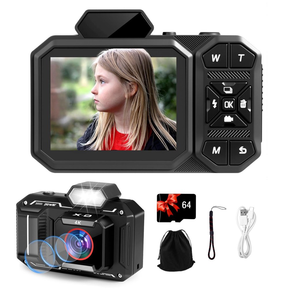 Digital Camera, Bextgoo 4K Vlogging Camera with 64GB Card, 48MP Autofocus, 12X Digital Zoom, Flash & Anti-Shake, Point and Shoot for Beginners and Teens