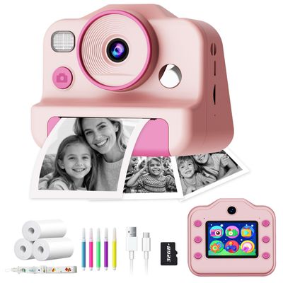 Instant Print Camera for Kids, Front Rear Dual Selfie Kids Camera with 1080P Videos, Christmas Birthday Gifts for Kids Ages 3-12, Toddler Digital Camera Toy for 4 5 6 7 8 Year Old Girls (Pink)