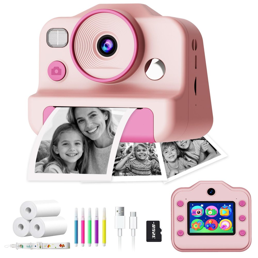 Instant Print Camera for Kids, Front Rear Dual Selfie Kids Camera with 1080P Videos, Christmas Birthday Gifts for Kids Ages 3-12, Toddler Digital Camera Toy for 4 5 6 7 8 Year Old Girls (Pink)