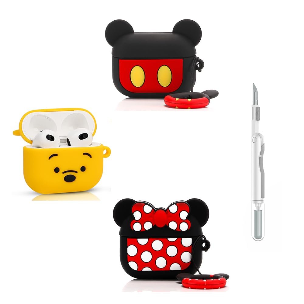 (3Pack+Cleaner Pen) XMBYGY Case for AirPods 3rd Generation Earbuds with Cleaning Pen Kit, Cute Cartoon Skin Design Silicone Charging Case Protective Covers for AirPods 3 (MC+WN+MN)