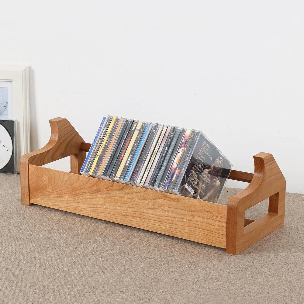 CD Holder Solid Wood Racks 49.2 x 18.8 x 15.6 cm, Desktop CD Jewel Cases Organizer Video Game Disk Display Stand DVD Blu-ray Record Collection Storage Rack(Cherry Wood)