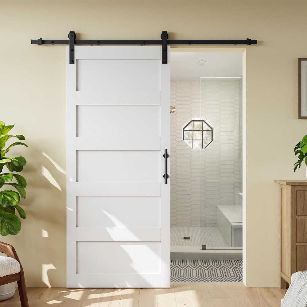 28 x 84 in 5 Panel Manufactured Wood Barn Door with Installation Hardware Kit