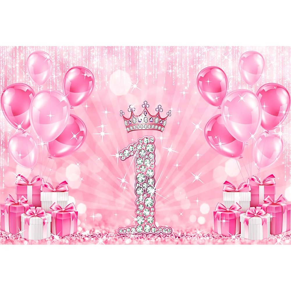 Baocicco 15x10ft Happy 1st Birthday Photography Background for Princess Girls First Party Supplies Pink Shinny Balloons Diamond Crown Banner Backdrop for First Birthday Party Decorations Photo Props