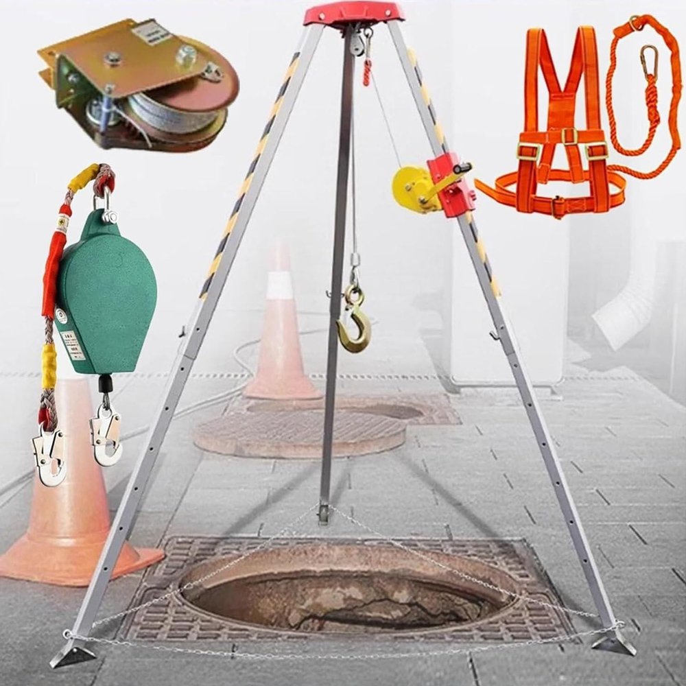 Rescue Tripod Set, Adjustable Tripod for confined Spaces, Sewer Lifting Tripod with Fall Protection/Cable/Winch for Traffic Safety in Storm shafts, 1800 LB SW inch