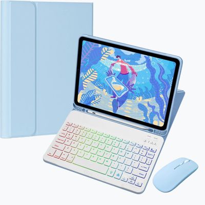 AnMengXinLing RGB Backlit Keyboard Case for Galaxy Tab S10 Lite/ S10 FE/ S9 FE/S9/S8/S7 with Mouse, Magnetic Detachable Wireless Keyboard Mouse,Lightweight Stand Cover with S Pen Holder,Sky Blue