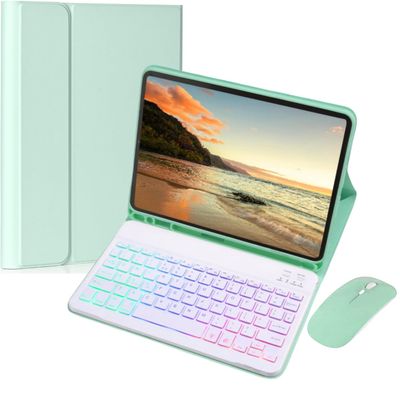 AnMengXinLing Keyboard Case for Galaxy Tab A11+ Plus/A9+ Plus 5G 11 Inch with Mouse, 7 Color Rainbow Backlight Magnetic Detachable Wireless Keyboard Mouse with S Pen Holder, Mint Green