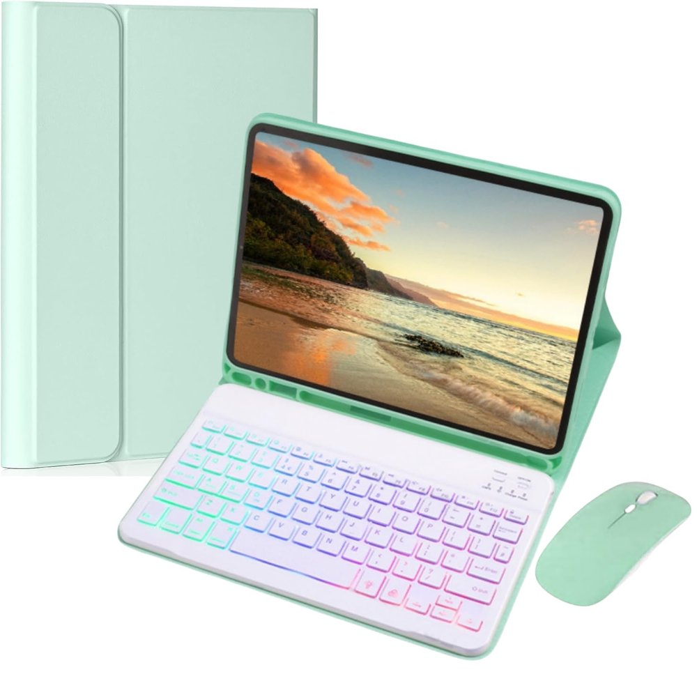 AnMengXinLing Keyboard Case for Galaxy Tab A11+ Plus/A9+ Plus 5G 11 Inch with Mouse, 7 Color Rainbow Backlight Magnetic Detachable Wireless Keyboard Mouse with S Pen Holder, Mint Green
