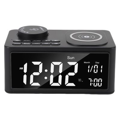 Zunate BT Speaker with Wireless Charger, Digital Alarm Clock, Dual LED Display HiFi Sound, Wireless Charging Station with Built in Mic, Digital Alarm Clock (US Plug)