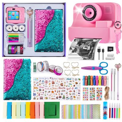 Kids Instant Print Camera, 1080P Selfie Video Camera with DIY Journal Kit  200+ Accessories, Christmas & Birthday Gifts for Girls & Boys Ages 3-12 (Pink)