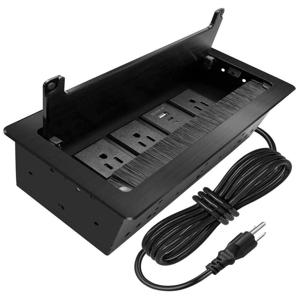 Conference Table Hub Power Outlet with 3 AC Power Outlets and USB Fast Charging, 9.8FT Power Cord Embedded Outlets, Heavy-Duty Desktop Socket Connectivity Box for Office, Home, Study Spaces