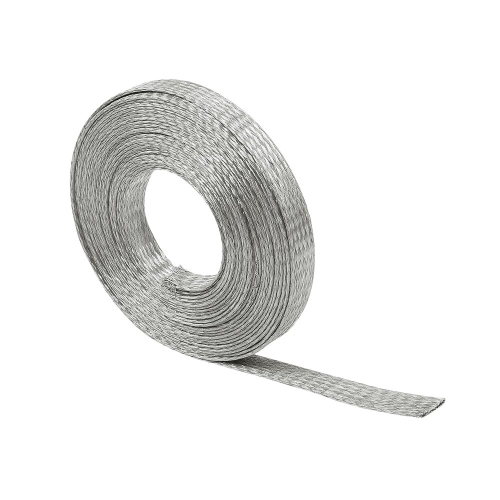 FOURUB Flat Tinned Copper Wires Shielding Sleeving,Wire Cable Braided Sleeve Shield Metal Ground Straps EMI/RFI Mesh Protect (Silver, 1/2"-50ft)