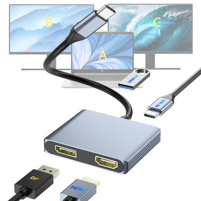 USB C to DisplayPort and HDMI Adapter 4-in-1 with 100W PD & USB 3.0 Support Splitter Extended Display for Type C Devices, MacOS Only Mirrors Same Screen(SST), Windows Extend Two Different Screen
