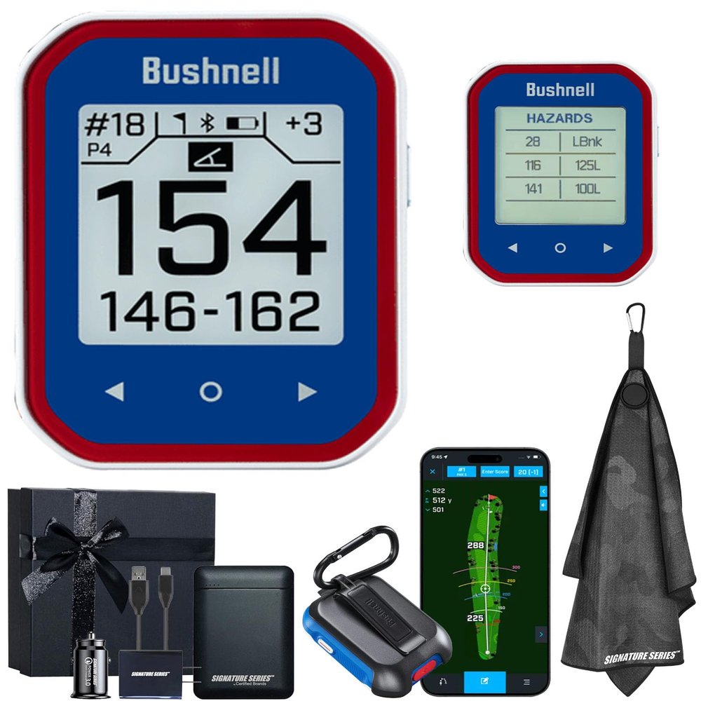 Bushnell Golf Phantom 3 Slope GPS Handlheld (Red/Blue) | 38,000+ Courses, Slope Compensation, Hazard Info, Distance Calculator, Scorekeeping, Magnet Mount, Touchscreen | Signature Series Gift Bundle