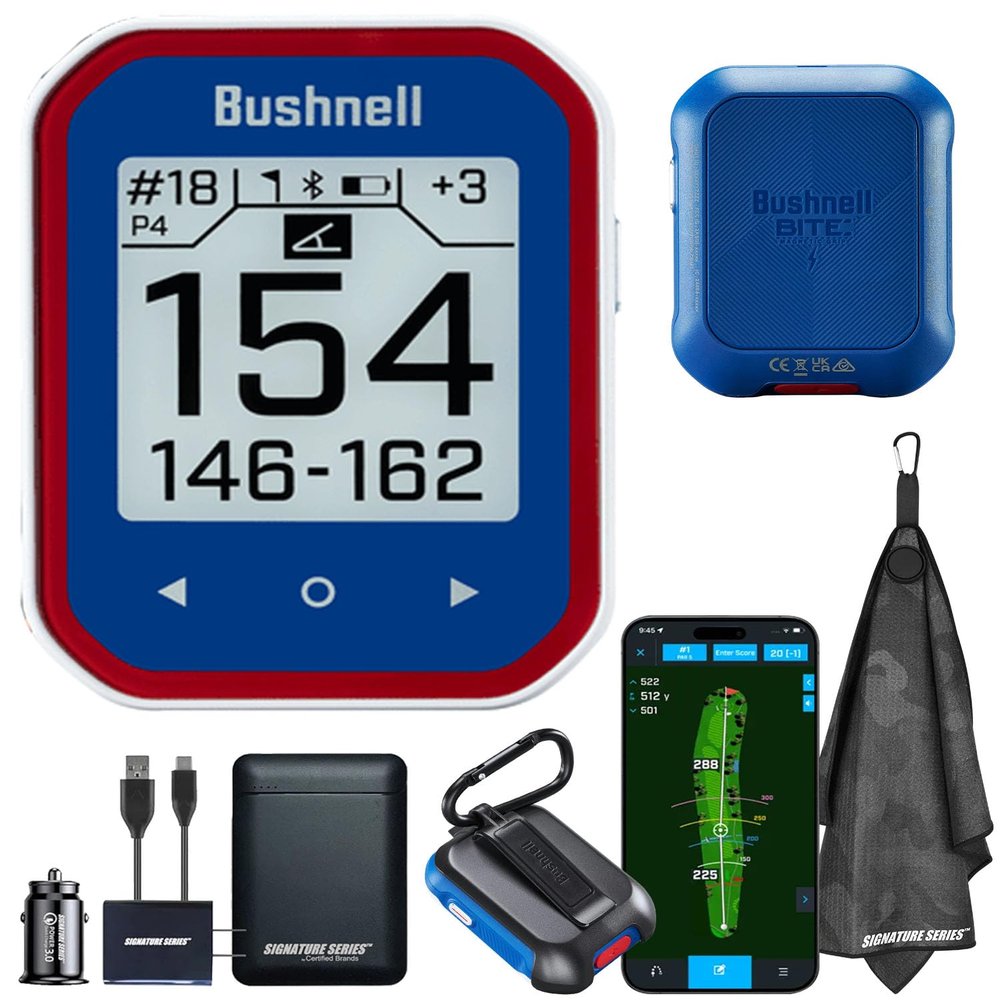 Bushnell Golf Phantom 3 Slope GPS Handlheld (Red/Blue) | 38,000+ Courses, Slope Compensation, Hazard Info, Distance Calculator, Scorekeeping, Magnet Mount, Touchscreen | Signature Series Power Bundle