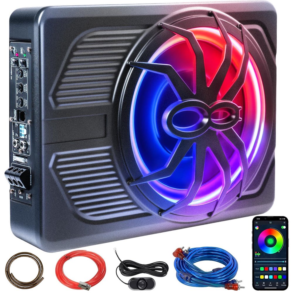 Andeman 1000W Car Subwoofer with APP Control and Colour Light, 10'' Slim Under Seat Powered Car Subwoofer w/Built-in Amplifier & Hi/Lo Input, Bass Speaker Subwoofer for Car/Truck/SUV/Jeep/MPV