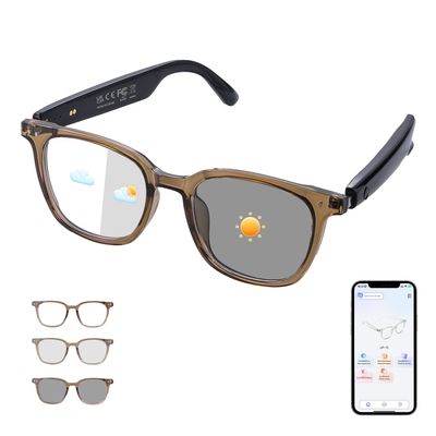 Bluetooth Smart Glasses for Women, AI Translation Glasses Supports 165+ Languages, Build in Mic Speakers, Color Change Lenses Transparent Frame with Polarized UV Protection for Travel Business-Brown