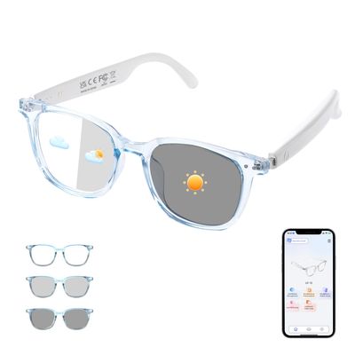 Bluetooth Smart Glasses for Women, AI Translation Glasses Supports 165+ Languages, Build in Mic Speakers, Color Change Lenses Transparent Frame with Polarized UV Protection for Travel Business-Blue