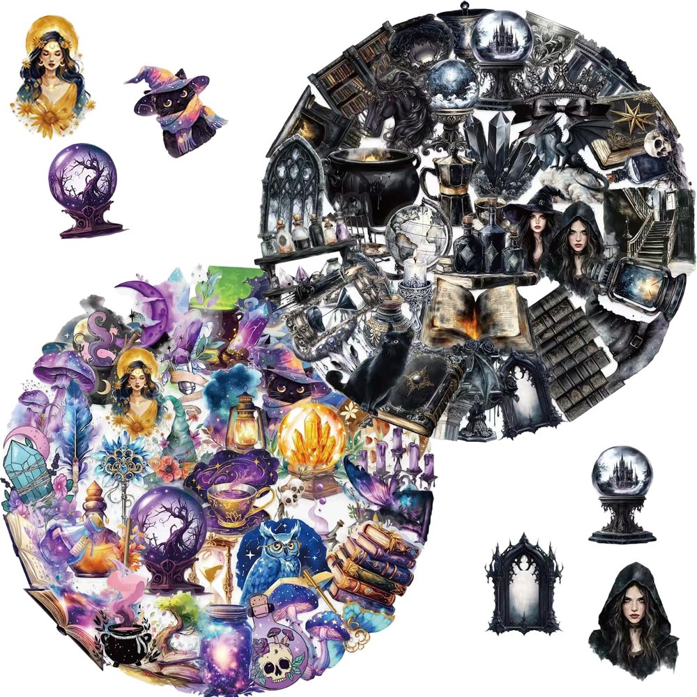 100 Pcs Mystical Witchy Magic Transparent Stickers, Potion Witchcraft Supplies Sticker,Dark Aesthetic Sticker for Adults,Scrapbooking,Journaling,Planner, Laptops (Dark Witchy)