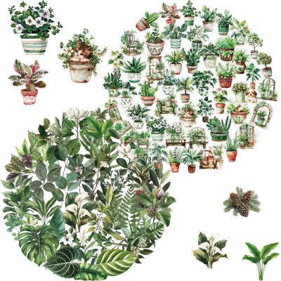 100PCS Green Plant Transparent Stickers,Potted Plant Floral Decals Stickers for Scrapbook Laptop Water Bottles Phone Guitar Decals for Adults (Green Plants)