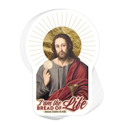 Catholic Concepts | I am The Bread of Life, Jesus 4 x 2.25 Vinyl Sticker Label Decal Waterproof Cool Accessory for Laptop, Hard Hats, Water Bottles, Scrapbooks, Folders, Cell Phone | 10-Pack