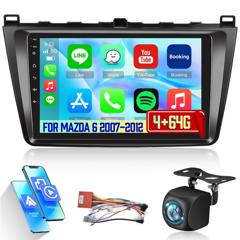 [Qualcomm 8 Core 4+64G] Car Radio for Mazda 6 2007-2012 with Wireless Carplay and Android Auto - 9 Inch 1280 * 720 IPS Touchscreen Android Car Stereo - DSP/GPS/SWC/Bluetooth + AHD Backup Camera