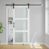 32 x 84 in 3-Lite Frosted Glass and Wood Paneled Barn Door with Installation Hardware Kit view 2