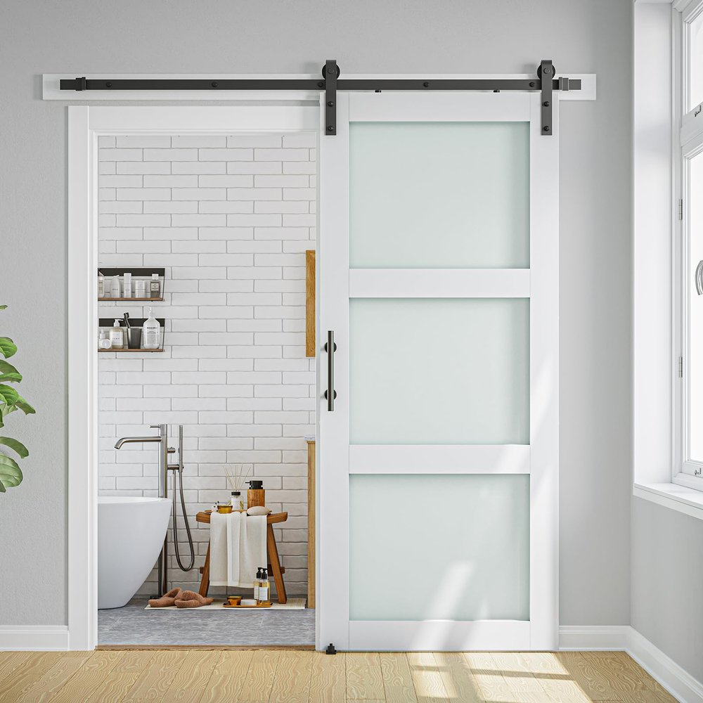 30 x 96 in 3-Lite Frosted Glass and Wood Paneled Barn Door with Installation Hardware Kit