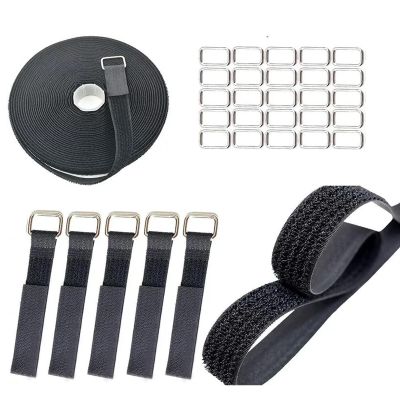 1 Inch x 16 Ft Hook and Loop Straps with 25 Metal Buckles - 50lbs Heavy Duty Reusable Cable Ties, Adjustable Cut-to-Length Securing Straps for Cord Management, Outdoor Gear & DIY (Black)