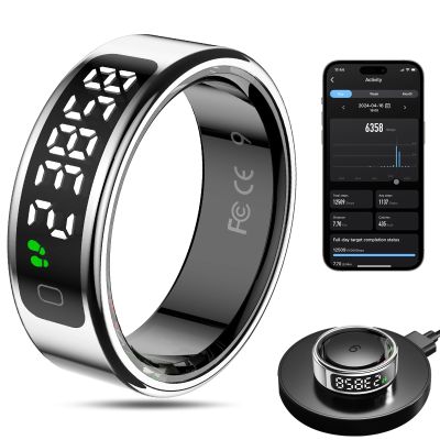 MagLoop Smart Ring Health Tracker for Men/Women with LED Dispay Screen,Fitness Ring Sleep Tracker,Fast Charging,for Pedometer Exercise,Monitor Sleep,Heart Rate, Stress,Waterproof (Silver,8)