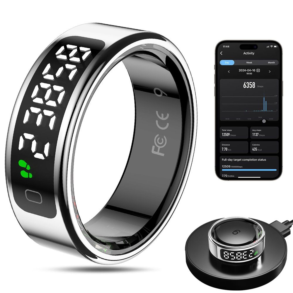MagLoop Smart Ring Health Tracker for Men/Women with LED Dispay Screen,Fitness Ring Sleep Tracker,Fast Charging,for Pedometer Exercise,Monitor Sleep,Heart Rate, Stress,Waterproof (Silver,8)